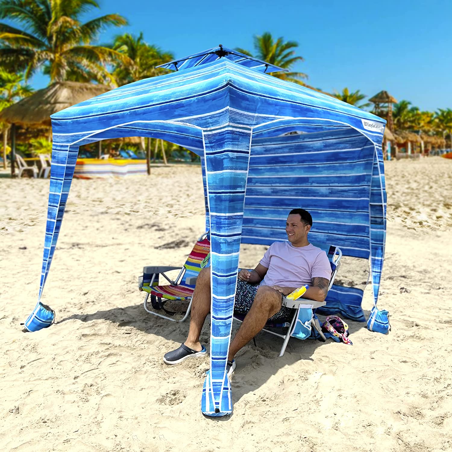 Beach Cabana Canopy Shelter – Sun Shade Tent – 6’ X 6’ - UPF 50+ - Waterproof - Easy Setup – 2 Layer Wind Vent Umbrella – 6 Ft X 6 Ft – Bonus sidewall – 2 to 4 People - Beach Blue