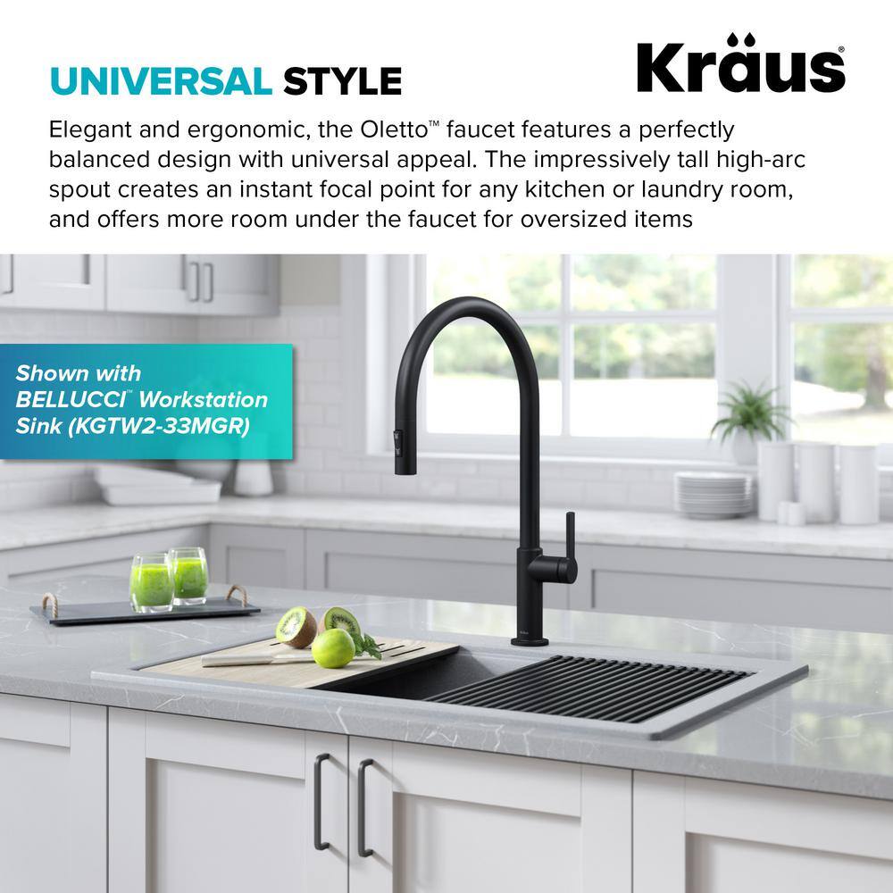 KRAUS Oletto High-Arc Single-Handle Pull-Down Sprayer Kitchen Faucet in Matte Black KPF-2821MB