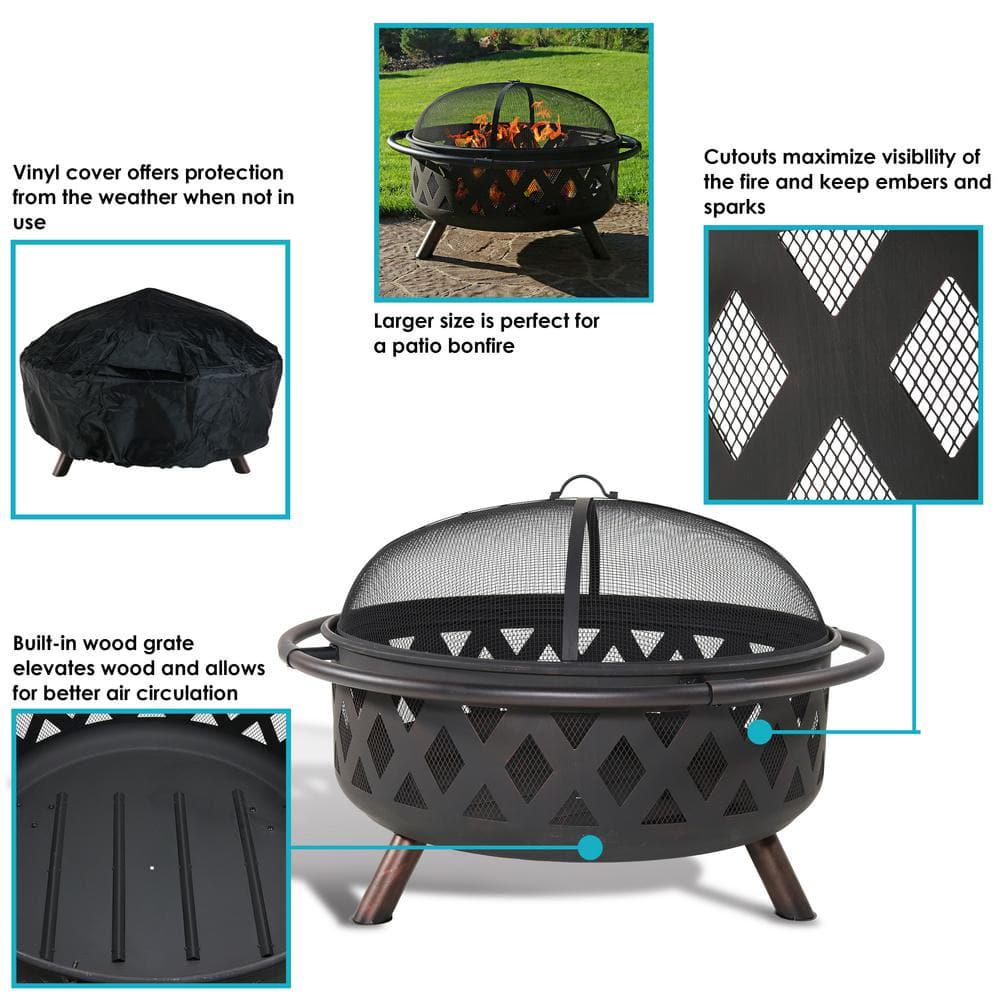 Sunnydaze Decor Black Cross Weave 36 in x 24 in Round Steel Wood Burning Fire Pit with Spark Screen