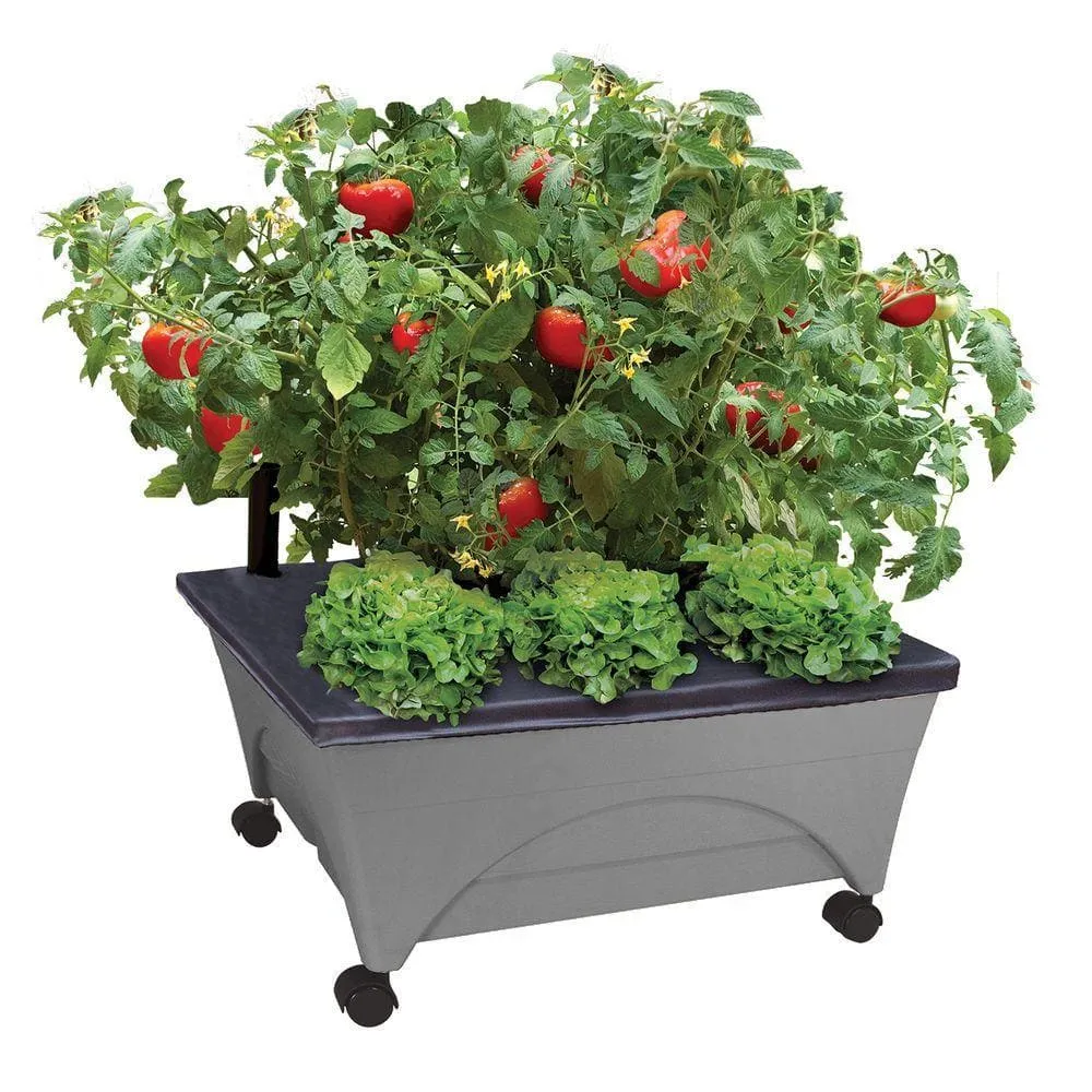 CITY PICKERS 24.5 in. x 20.5 in. Charcoal Gray Plastic Patio Raised Garden Bed Kit with Watering System and Casters
