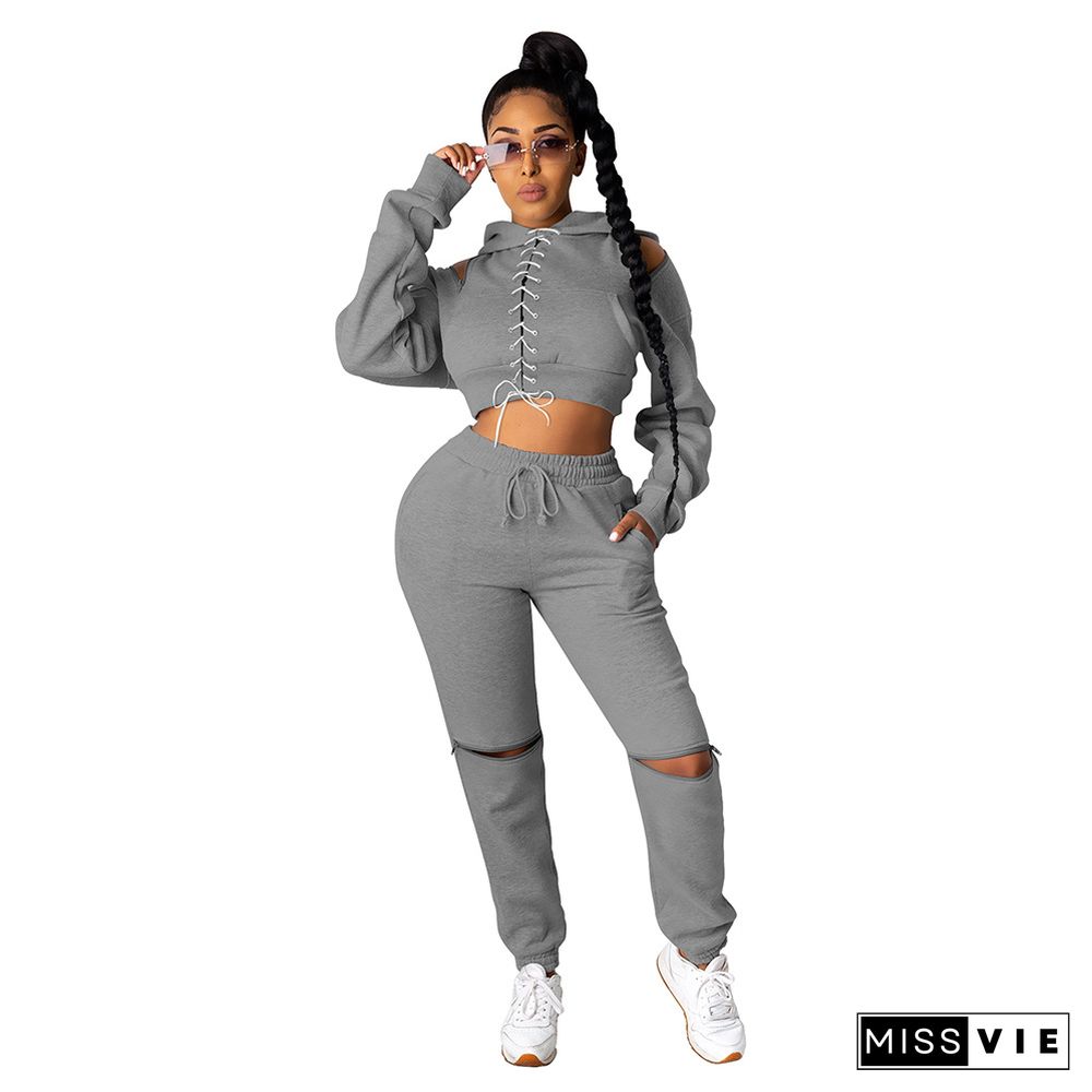 Cross Bandage Hooded Crop Top Hole Pants Outfits