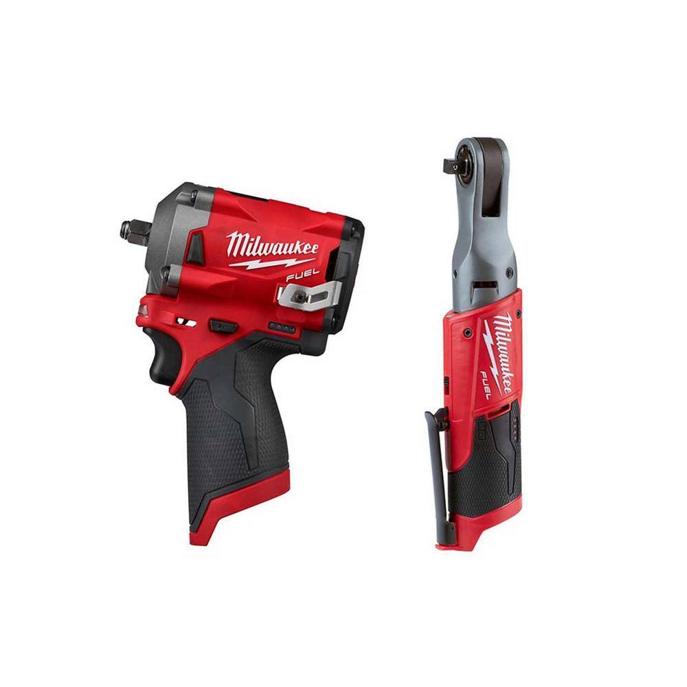 MW M12 FUEL 12V Lithium-Ion Brushless Cordless Stubby 38 in. Impact Wrench and Ratchet Kit (Tool-Only Kit) 2554-20-2557-20