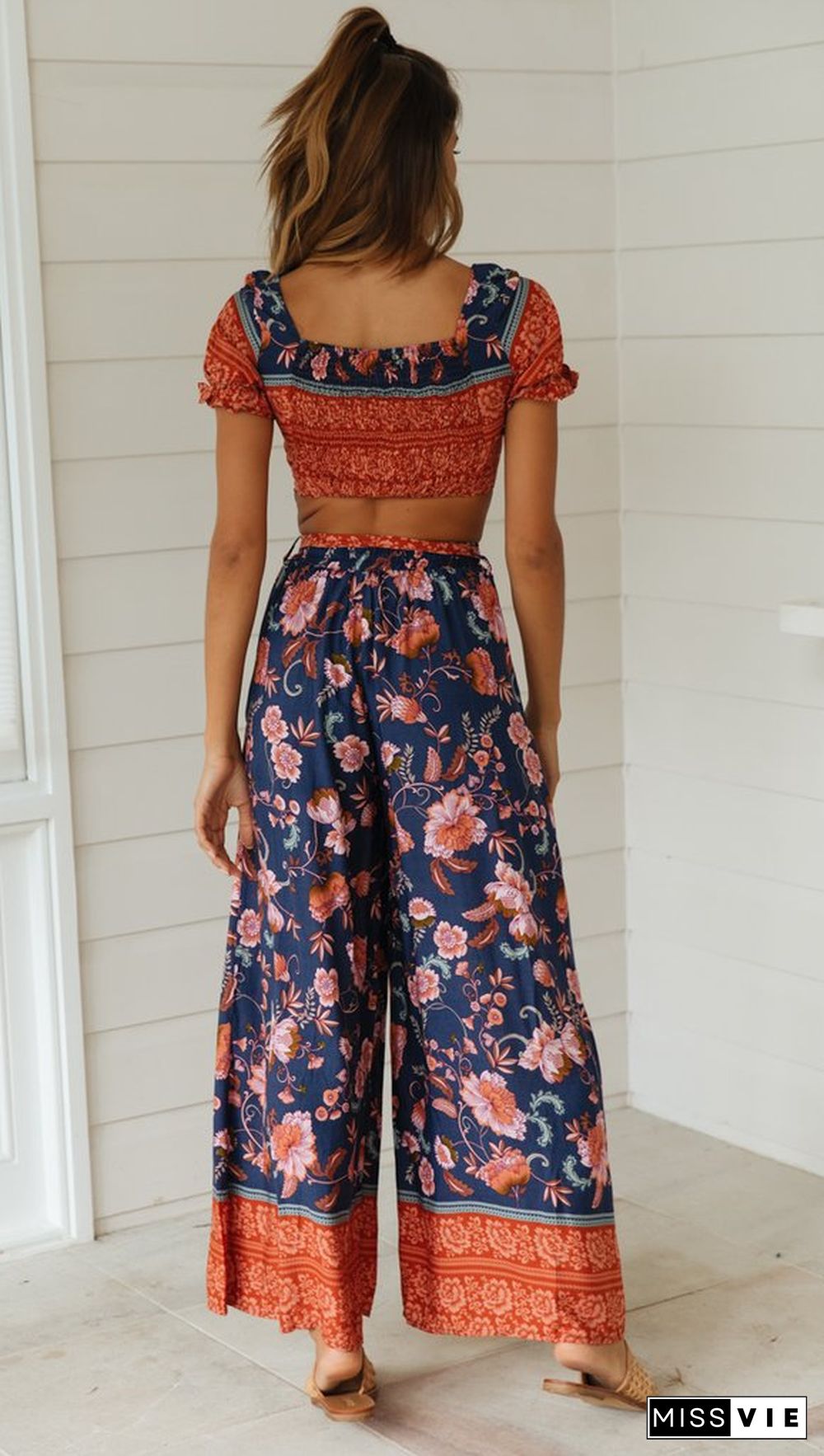 Navy Floral Crop Top and Pants Matching Sets