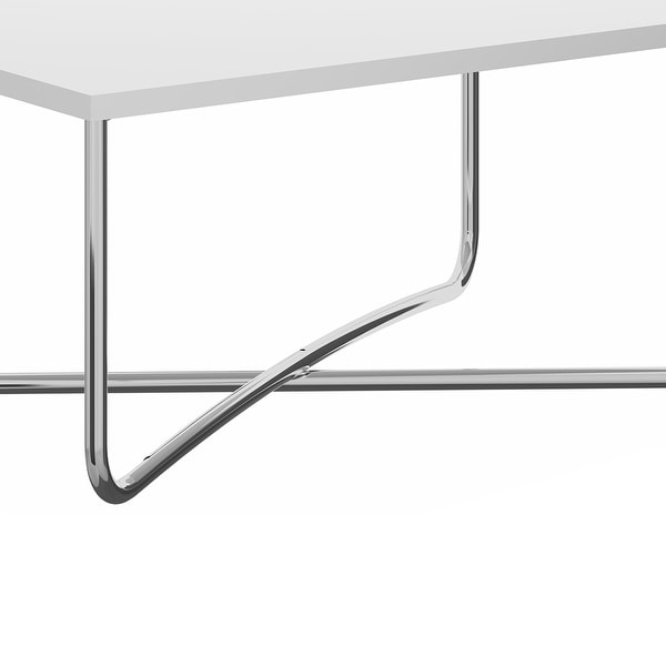 35 Inch Modern Coffee Table with Rectangular Top and Steel Cross Base for iving Room， Home， Office， White， Chrome