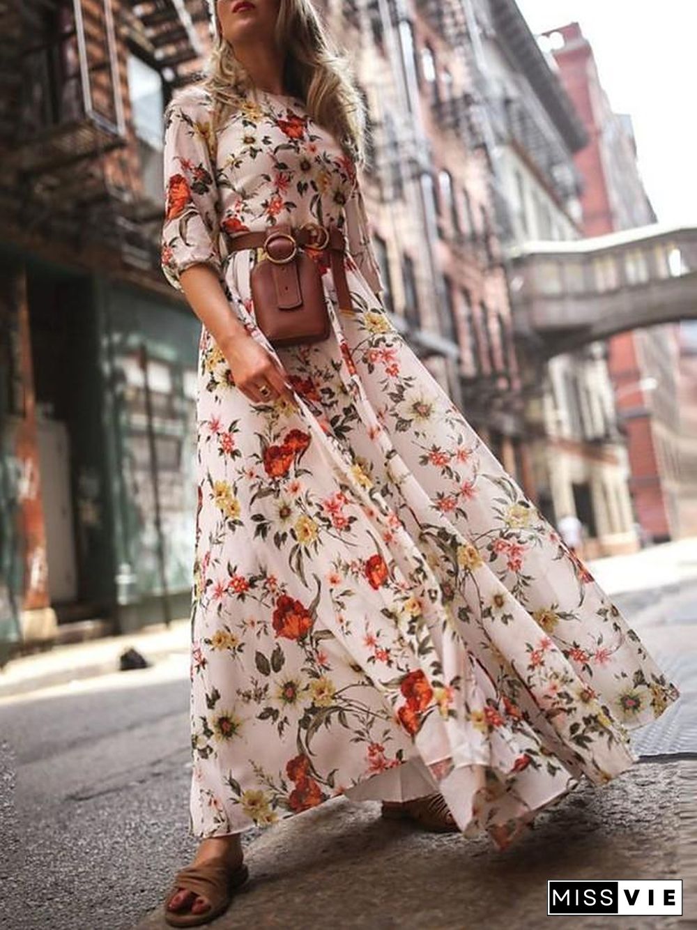 Women's Swing Dress Maxi long Dress - 3/4 Length Sleeve Floral Flower Print Spring Summer Casual Hot Holiday vacation dresses Lantern Sleeve Ruffle White S M L XL XXL