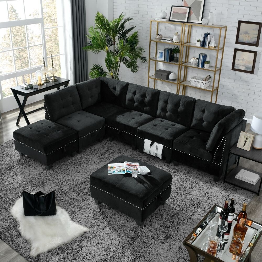 L shape Modular Sectional Sofa，DIY Combination，includes Three Single Chair ，Two Corner and Two Ottoman，Black Velvet