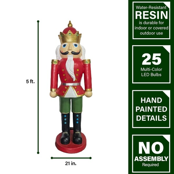 Fraser Hill Farm 5Ft. Nutcracker King，Resin Statue w/ LED Lights，Christmas Decor，Red