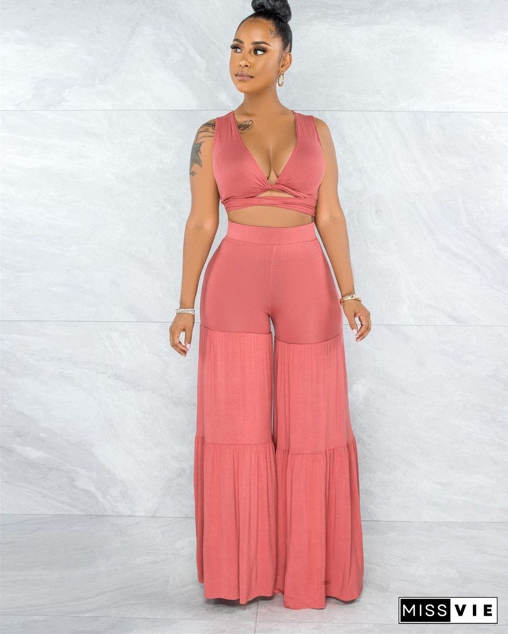 Sexy Bundled Pleated Wide-Leg Pants Two-Piece Suit