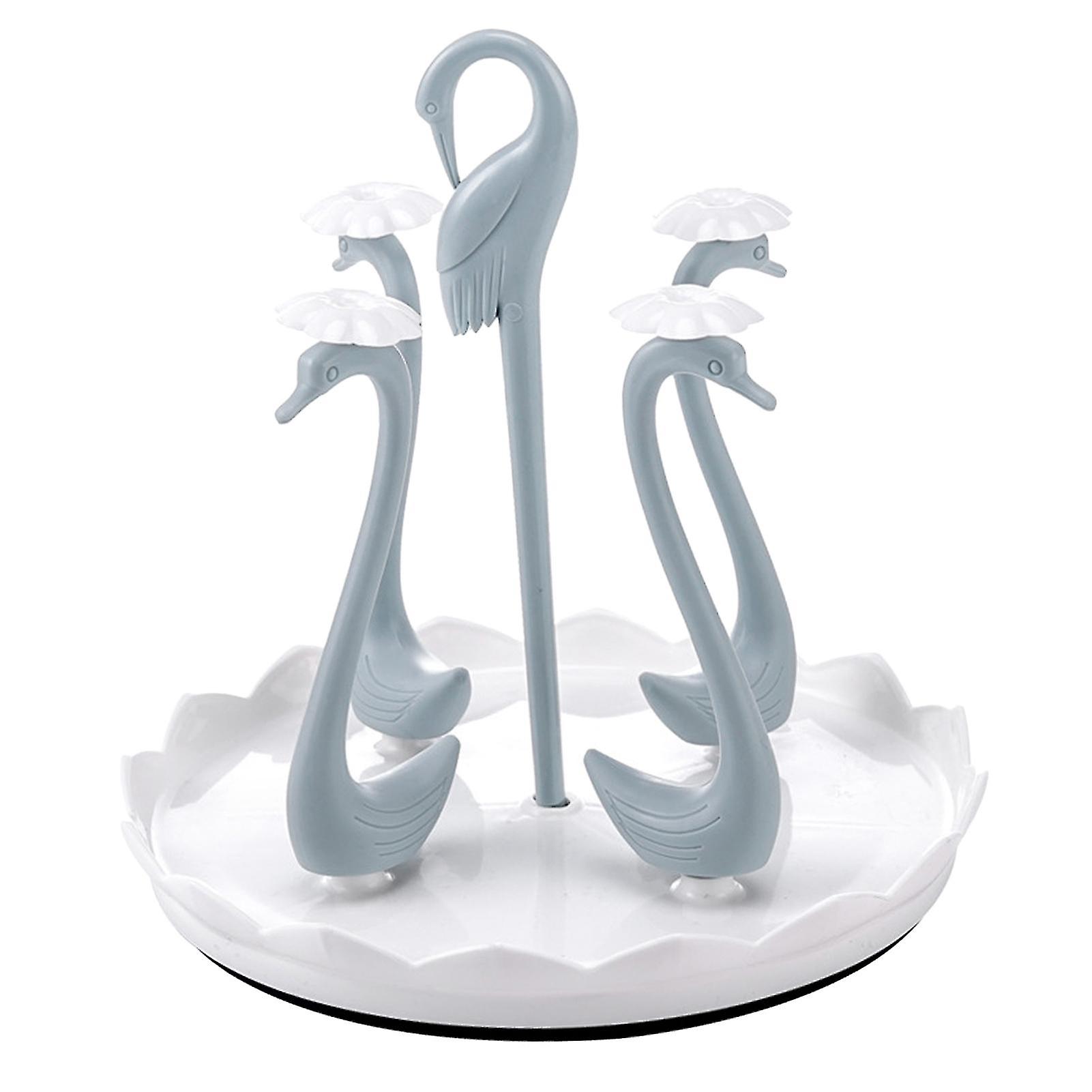 Swan Cup Holder with Rotating Drip Tray Plastic Rotatable Drinking Cup Drainer Stand Rack for Home Kitchen Blue 4 Heads