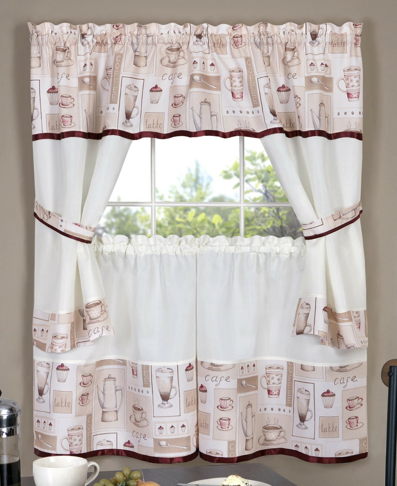 Kate Aurora Mornings Complete 5 Pc. Cappuccino, Lattes & Pasteries Designed Café Styled Kitchen Curtain Tier & Swag Valance Set - 36 in. Long