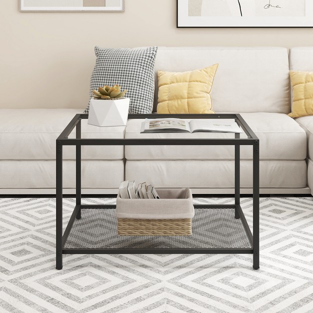 Costway Glass Coffee Table 27 5 Inch 2 tier Square With Mesh Shelf Living Room Grey transparent