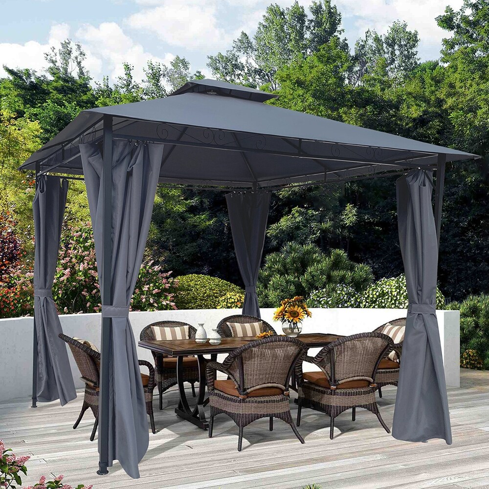 Outdoor Patio Garden Gazebo Tent With Curtains  Gray