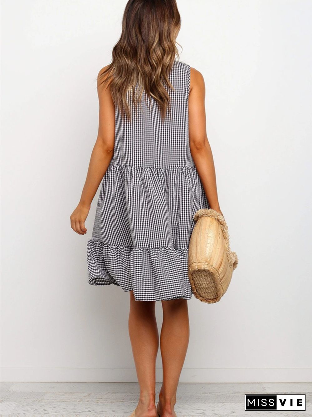 Temperament Sleeveless Plaid Round Neck Ruffled Skirt Dress for Women