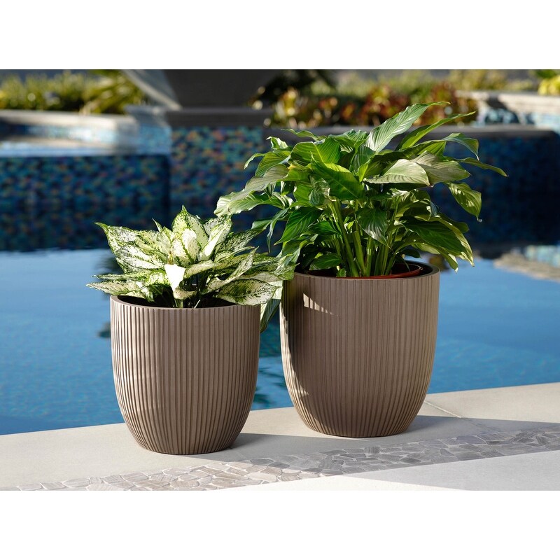 Indoor/Outdoor Large Nordic Minimalist Fiberstone Lightweight Round Planter Pot With Grooves   14  13  11 inch Matte Finish