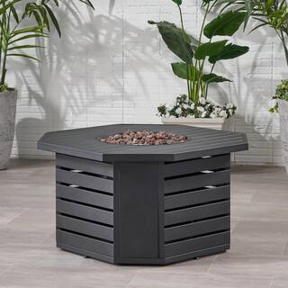 Noble House Rene 45 in. W x 24 in. H Outdoor Iron Gas Burning Matte Black Octagonal Fire Pit 69666