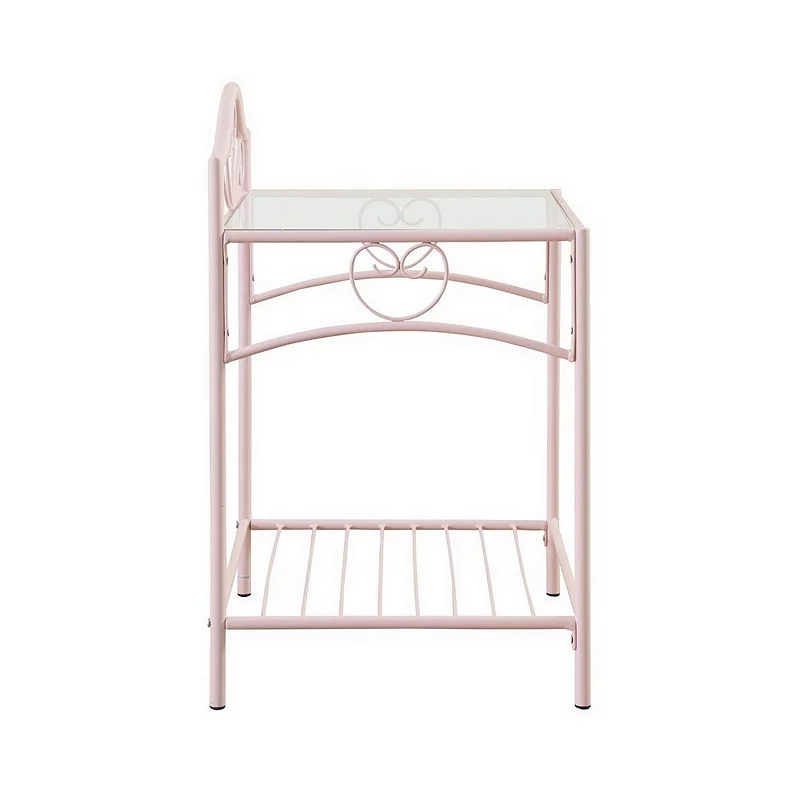 Metal Nightstand with Glass Top and Open Bottom Shelf， Pink and Clear