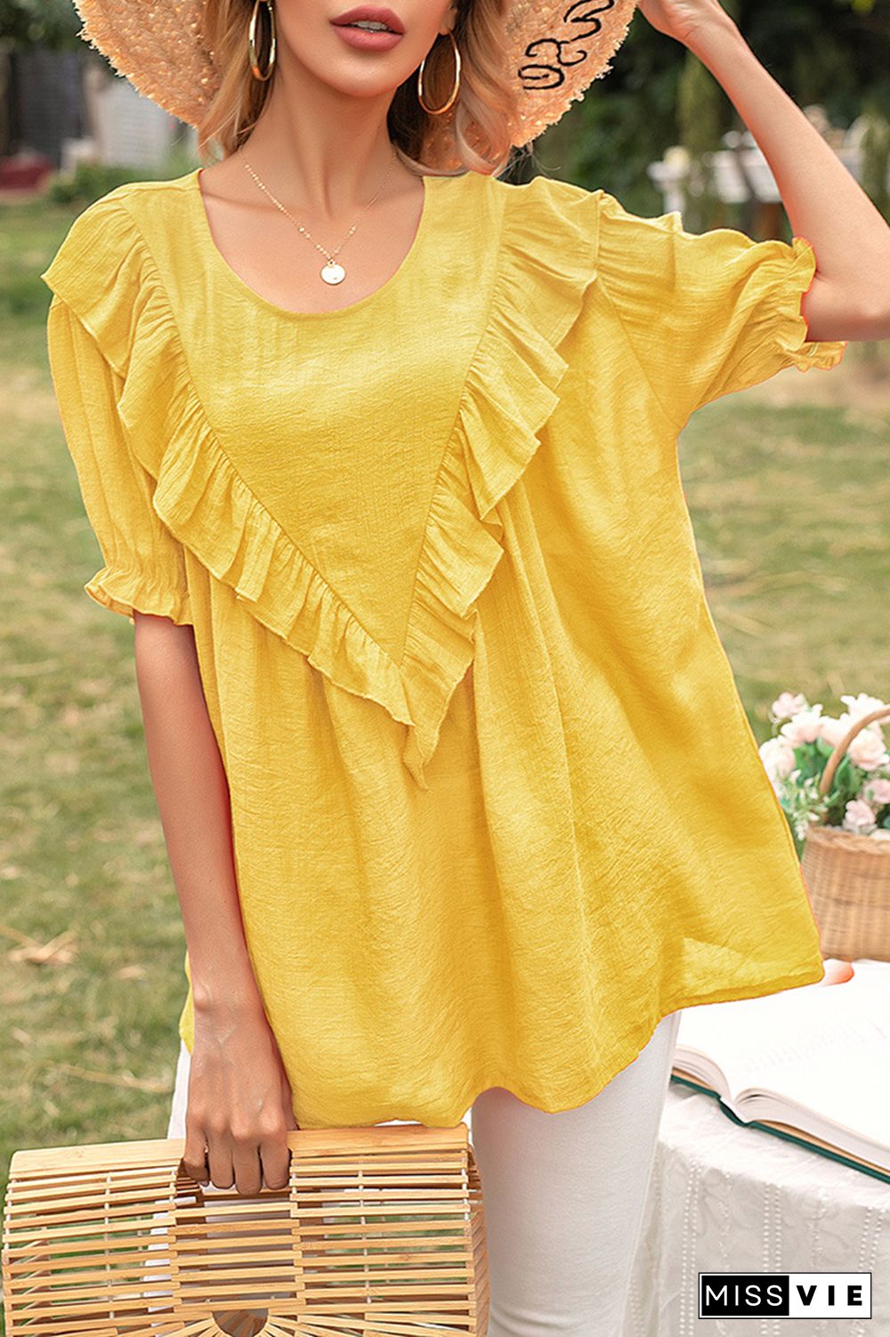 Elegant Solid Split Joint Flounce O Neck T-Shirts