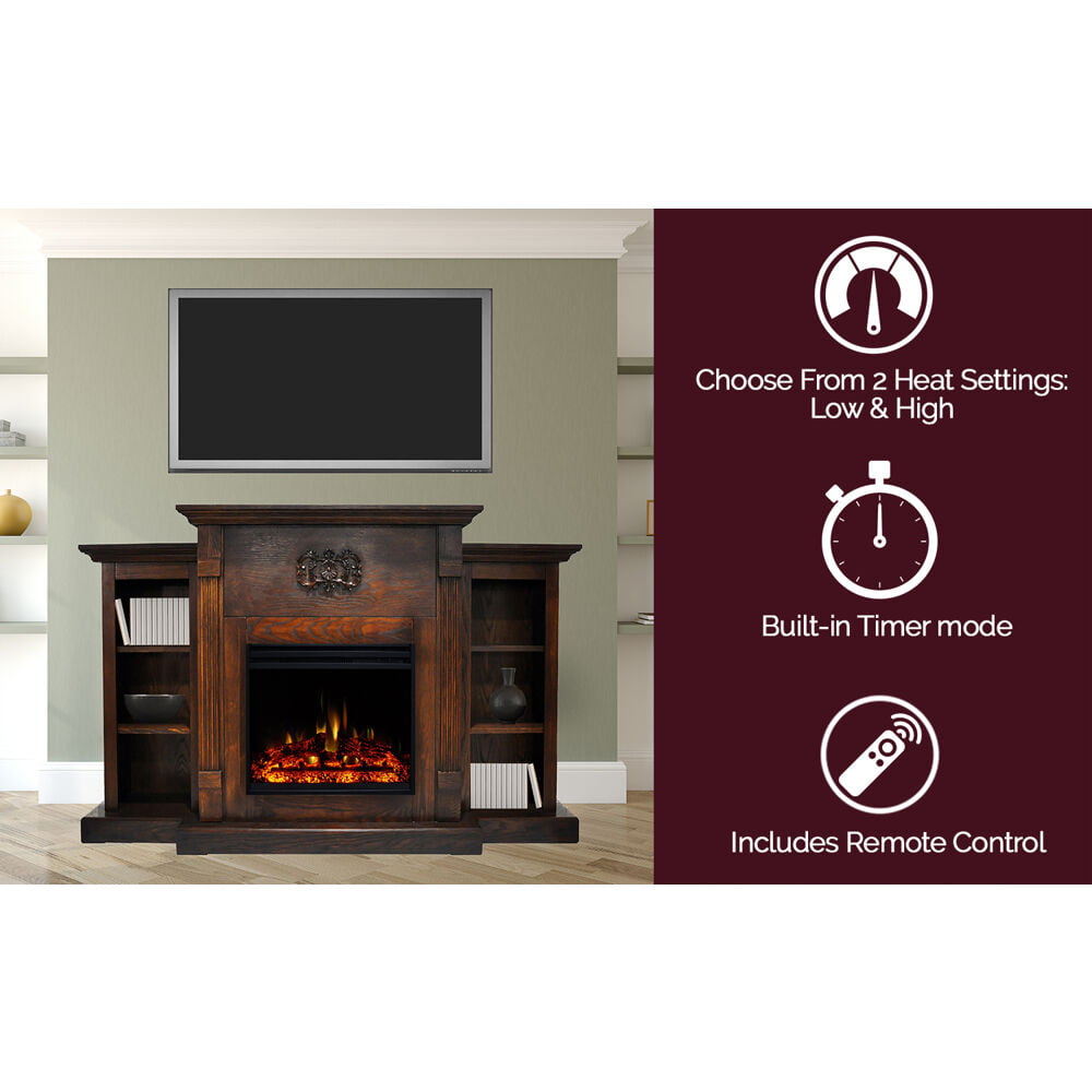 Cambridge Sanoma 72'' Electric Fireplace with Enhanced Charred Log Insert | Multi-Color Flame | For Rooms up to 210 Sq.Ft | Remote | Walnut Mantel | Adjustable Heat Settings | Timer