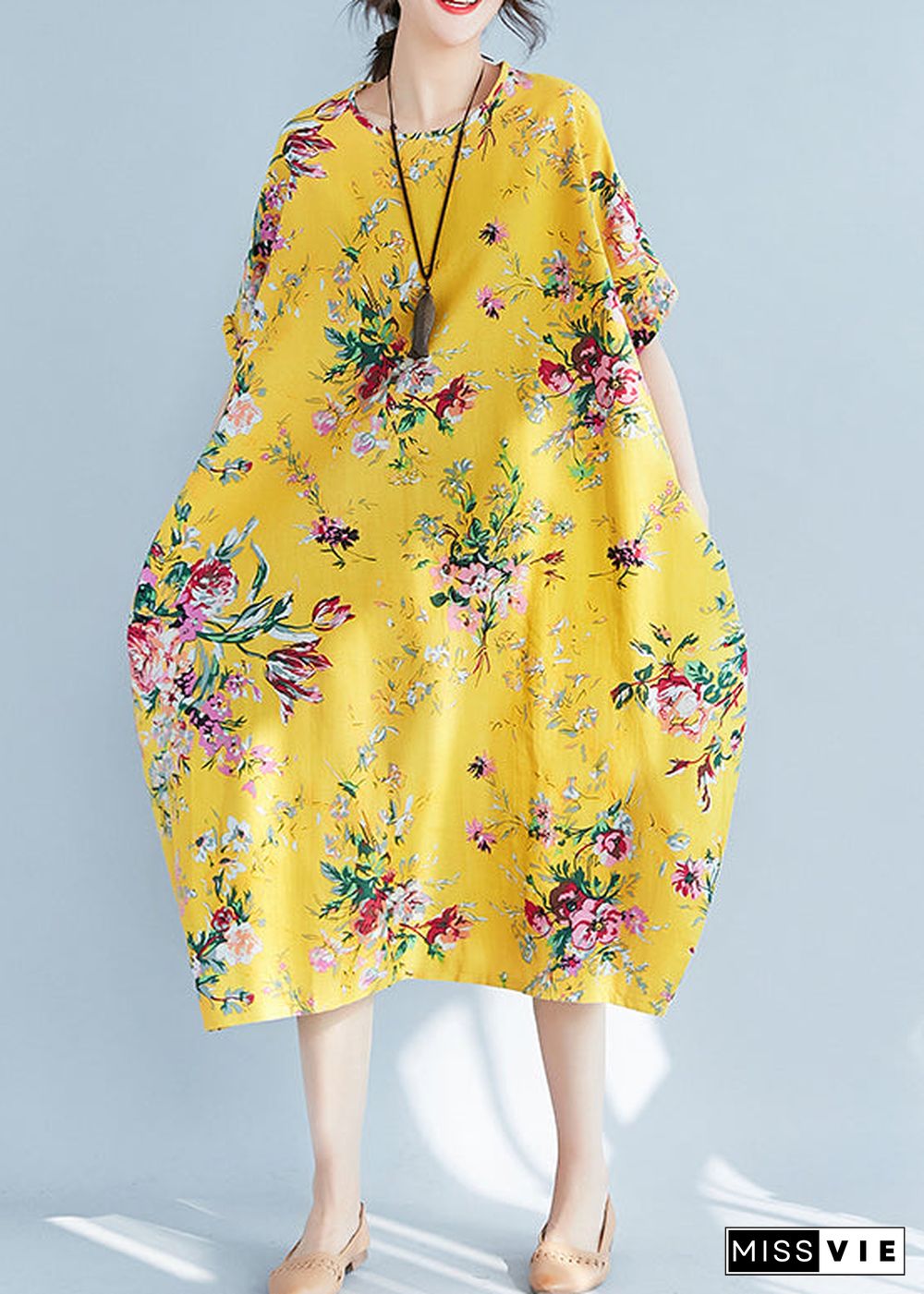 Plus Size Yellow O-Neck Print Cotton Holiday Dress Summer