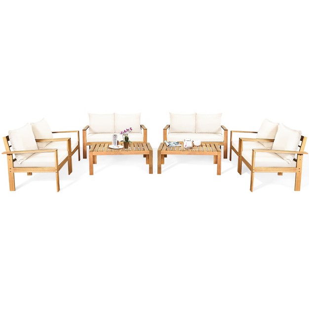 Costway 8pcs Patio Furniture Set Acacia Wood Thick Cushion Loveseat Sofa Off White turquoise grey