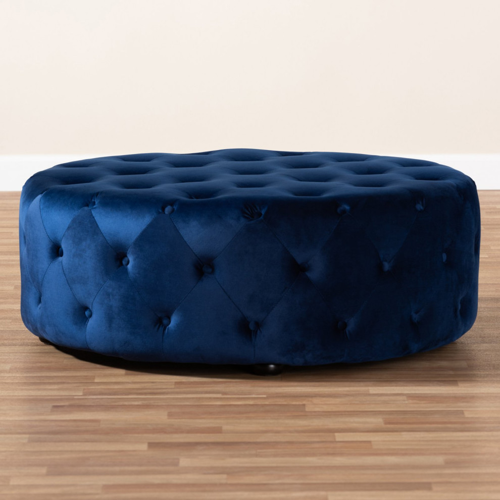 Contemporary Round Ottoman   Over Button Tufted Velvet Upholstery  Royal Blue   Contemporary   Footstools And Ottomans   by Decor Love  Houzz