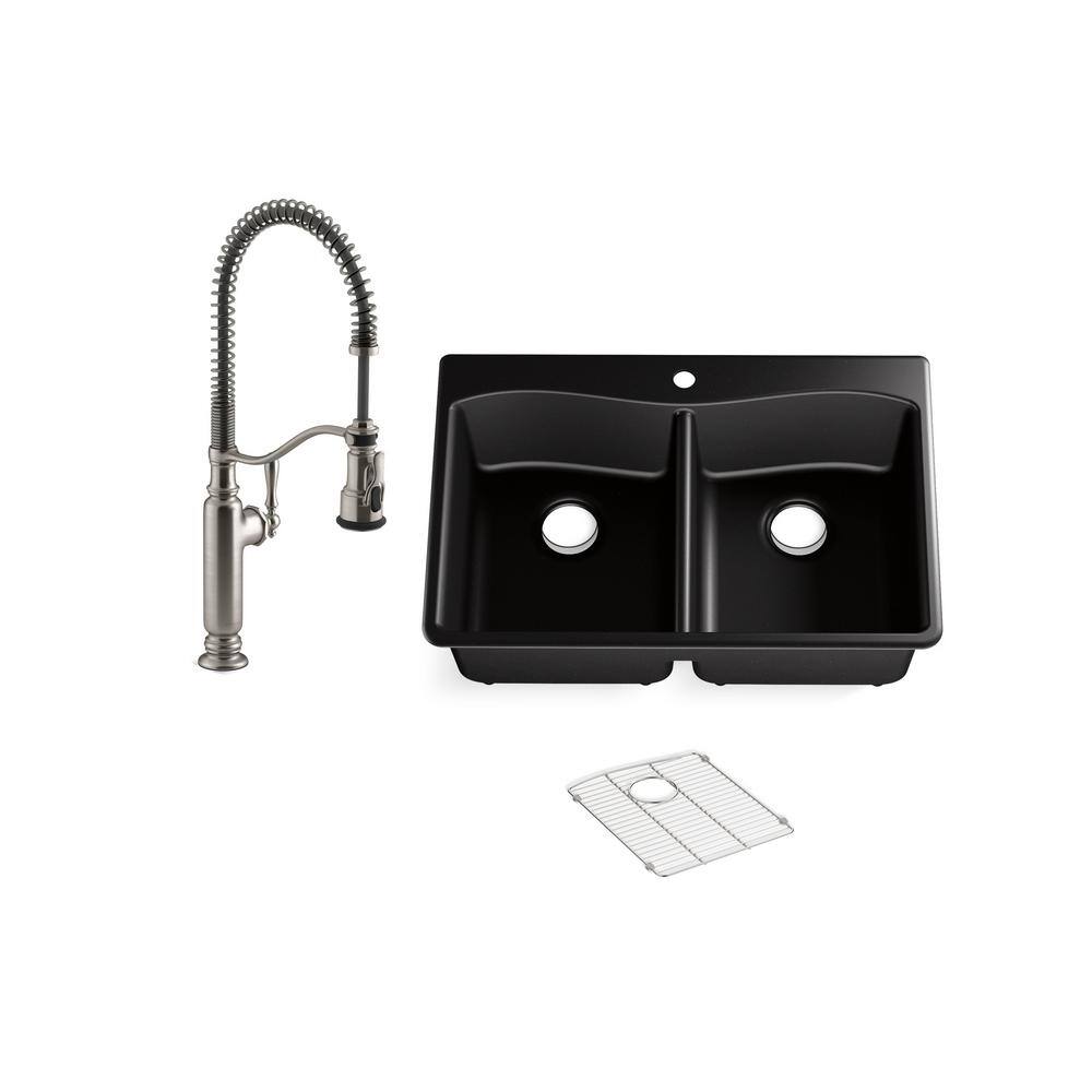 KOHLER Kennon Drop-inUndermount Neoroc Granite Composite 33 in. Double Bowl Kitchen Sink with Tournant Faucet in Matte Black K-8185-1 77515-VS