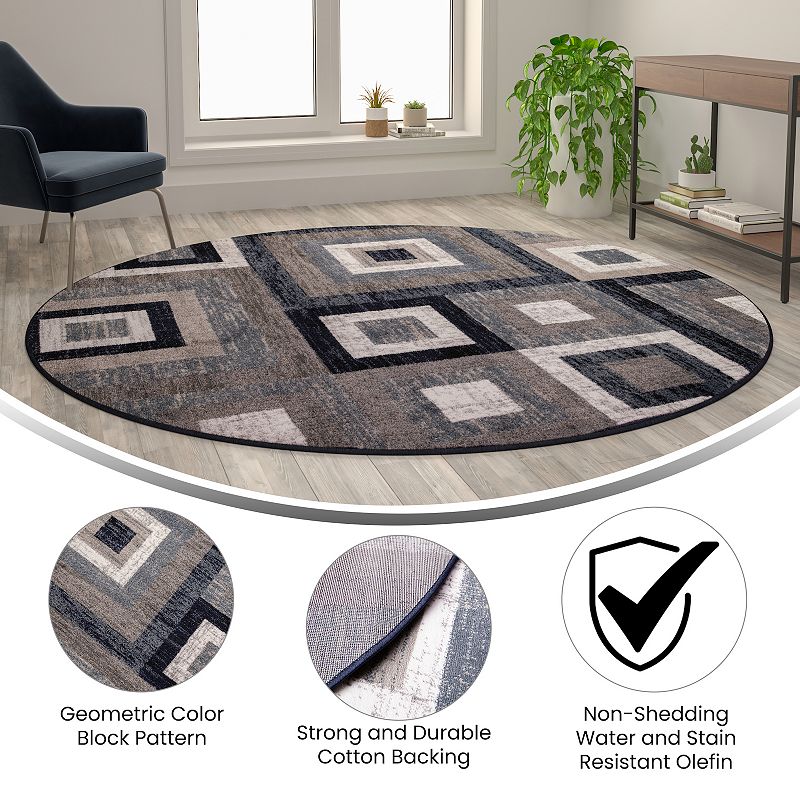 Masada Rugs Newton Collection Modern 8'x8' Round Accent Rug with Geometric Square Pattern in Blue， Gray and White