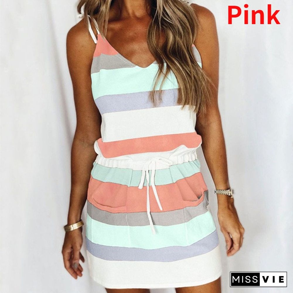 Women's Fashion Drawstring Color Harness Stripe Vest Dress Summer Skirt