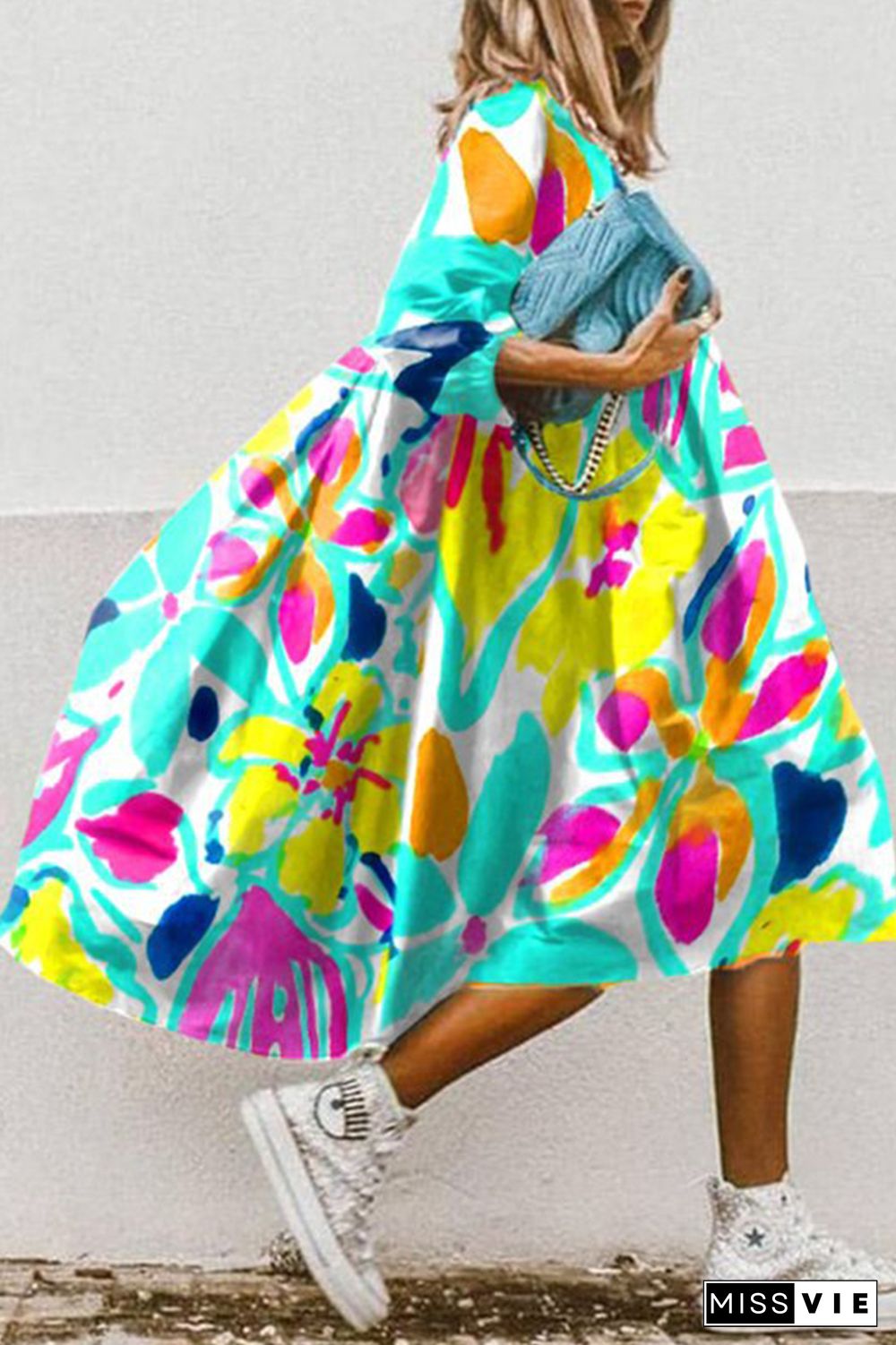 Casual Print Patchwork Turndown Collar Cake Skirt Dresses