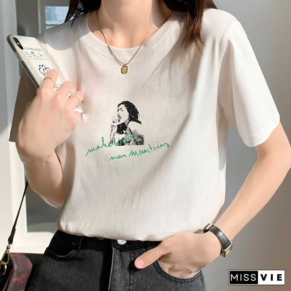 Cartoon Letter Print Round Collar Loose T-Shirt