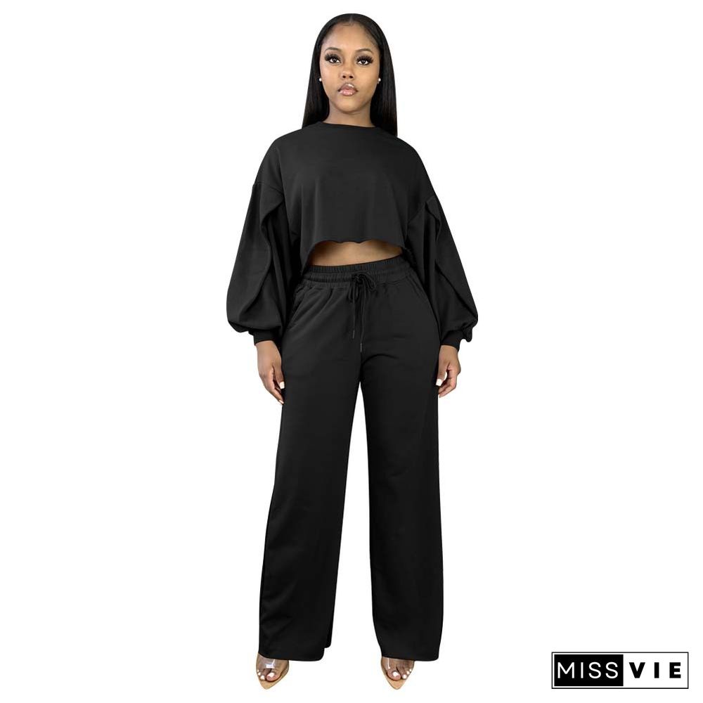 Long Sleeve Crop Top Drawstring Wide Leg Pants Set