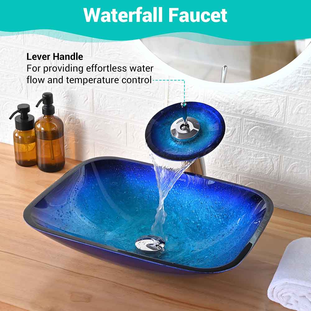 Aquaterior Rectangular Glass Sink Basin & Waterfall Faucet Kit