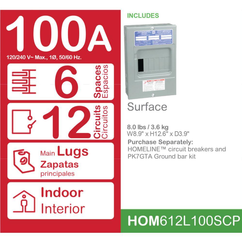 Square D Homeline 100 Amp 6-Space 12-Circuit Indoor Surface Mount Main Lug Load Center with Cover HOM612L100SCP