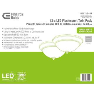Commercial Electric 13 in. 180-Watt Equivalent Brushed Nickel Integrated LED Flush Mount with Frosted Glass Shade (2-Pack) JAL8011LBN