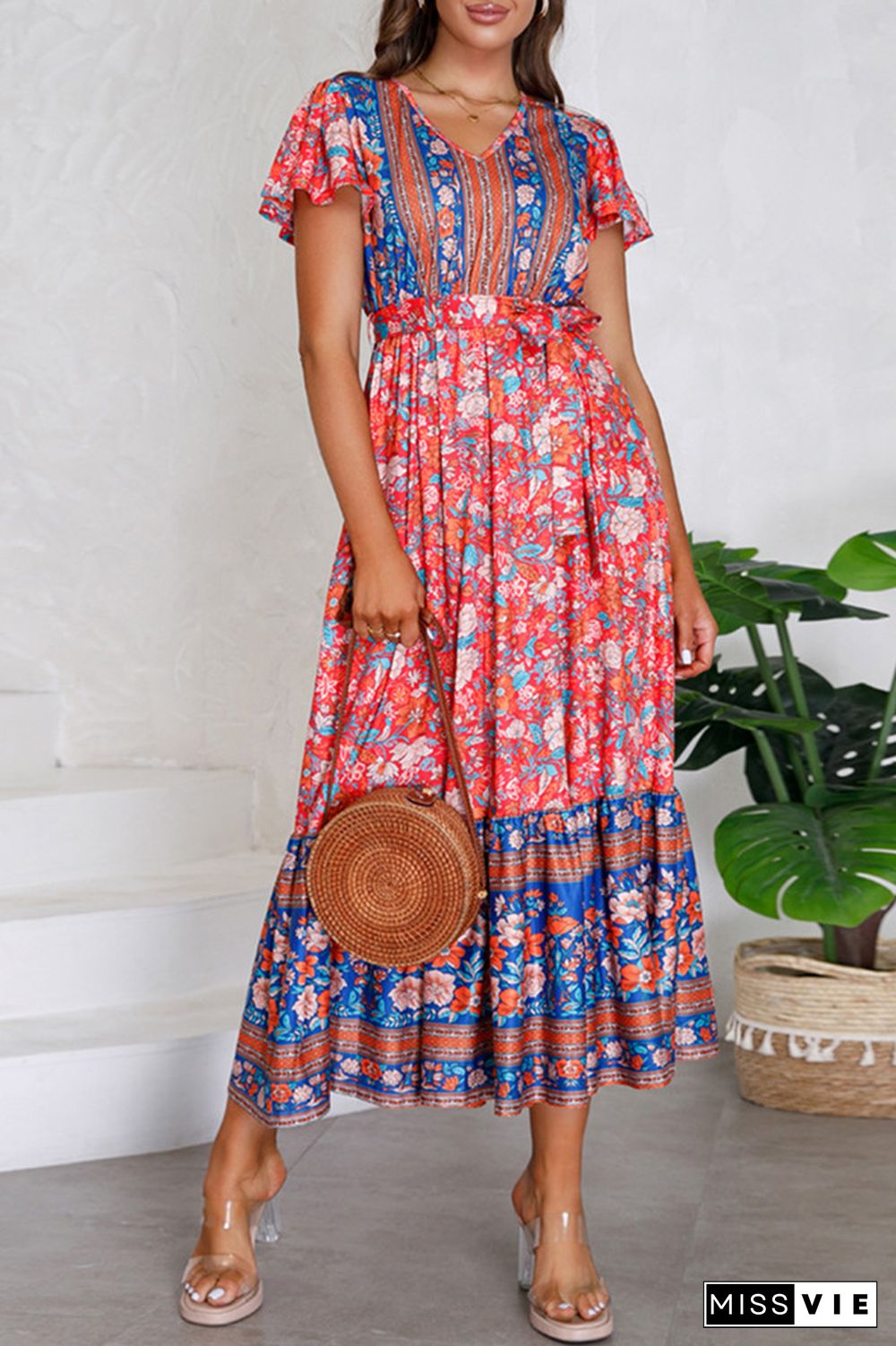 V Neck Tie Waist Splicing Floral Dress