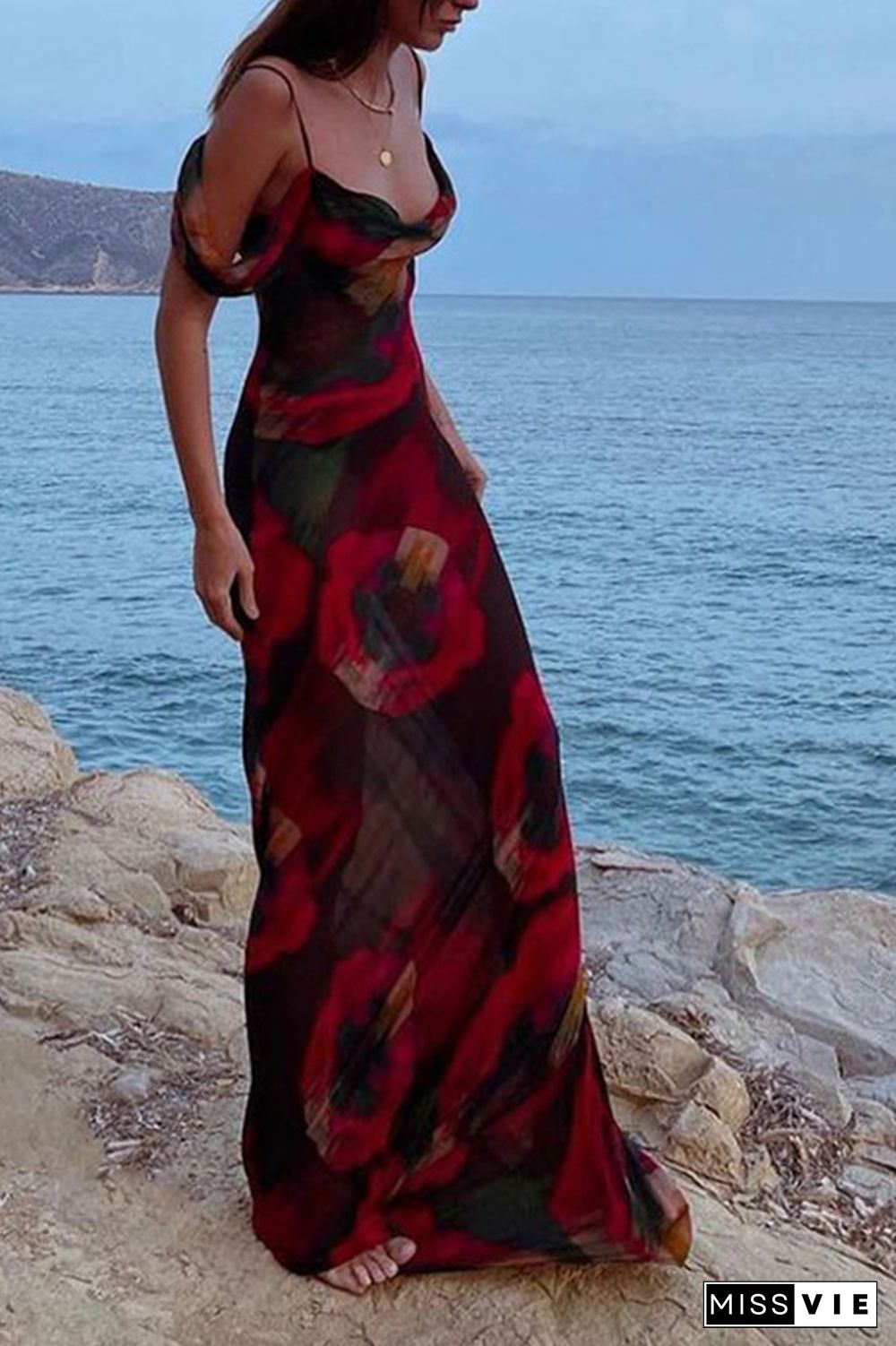 Fashion Print Patchwork Spaghetti Strap Trumpet Mermaid Dresses