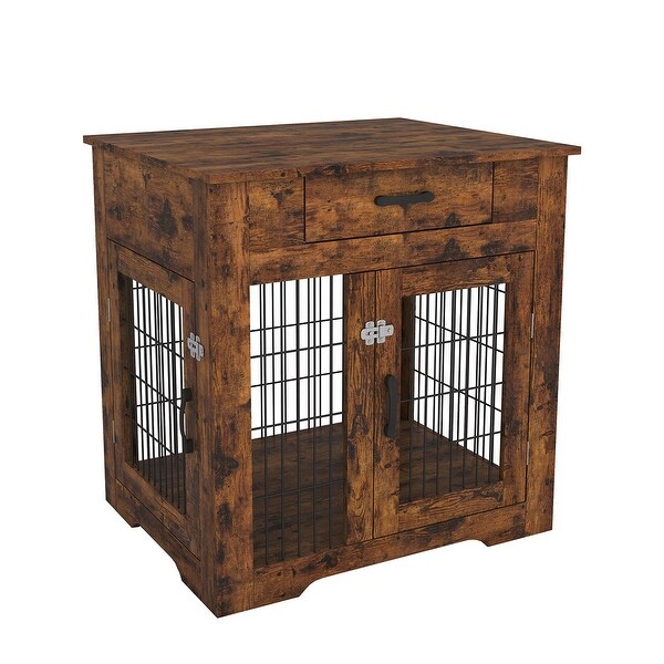 Mieres Double Door Wooden End Table Dog Crate with Double Doors， Indoor Pet Kennel Side Table with Storage Drawer