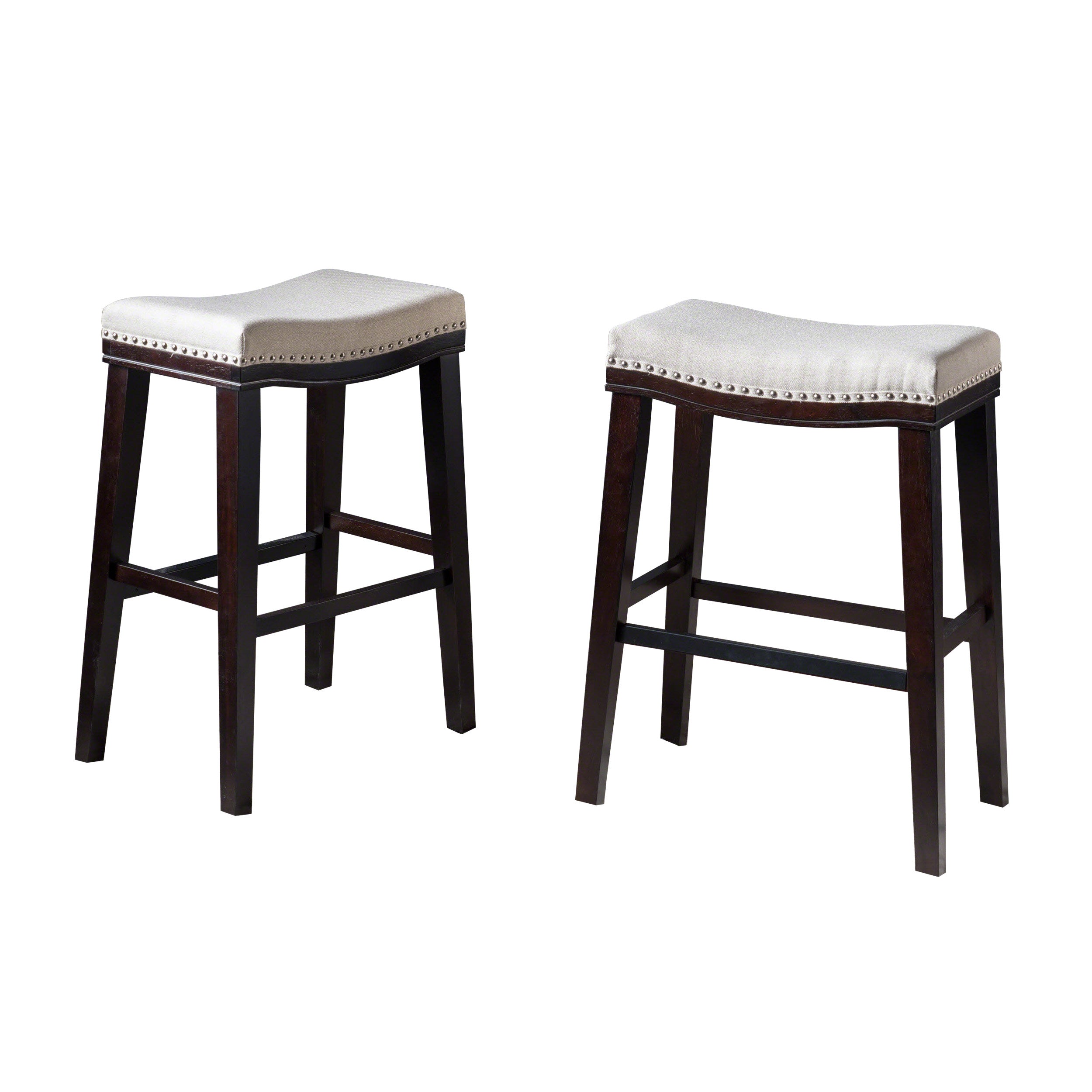 Estes Studded 30 Inch Beige Fabric Saddle Barstool, Set of 2