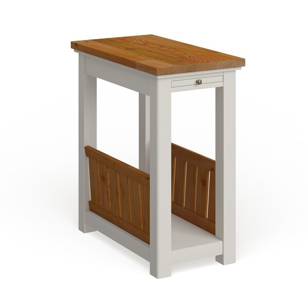 Savannah Chairside Magazine End Table with Pull-out Shelf， Ivory with Natural Wood Top