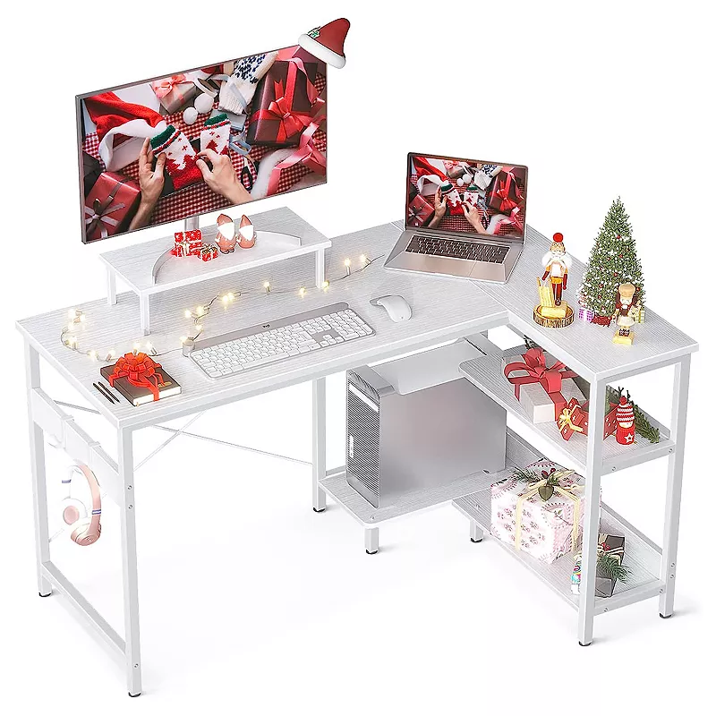 ODK 47 Inch Compact L Shaped Desk with Storage Shelves and Monitor Stand， White