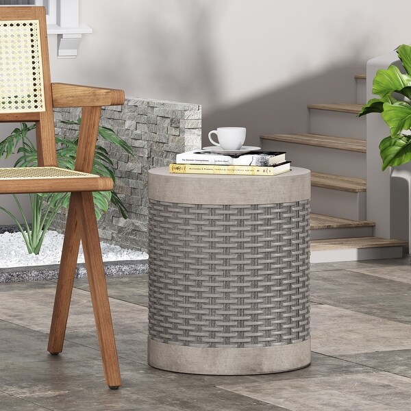 Round Outdoor Side Table for Patio，Concrete Side Table Tree Stump Side Table