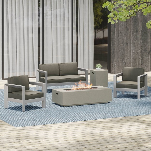 Aviara 5pc Aluminum Chat Set With Fire Pit Silver khaki And Light Gray Christopher Knight Home