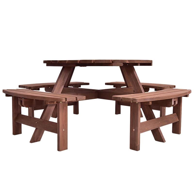 8-Person Outdoor Wooden Round Picnic Dining Table Bench Set with Umbrella Hole & 4 Benches