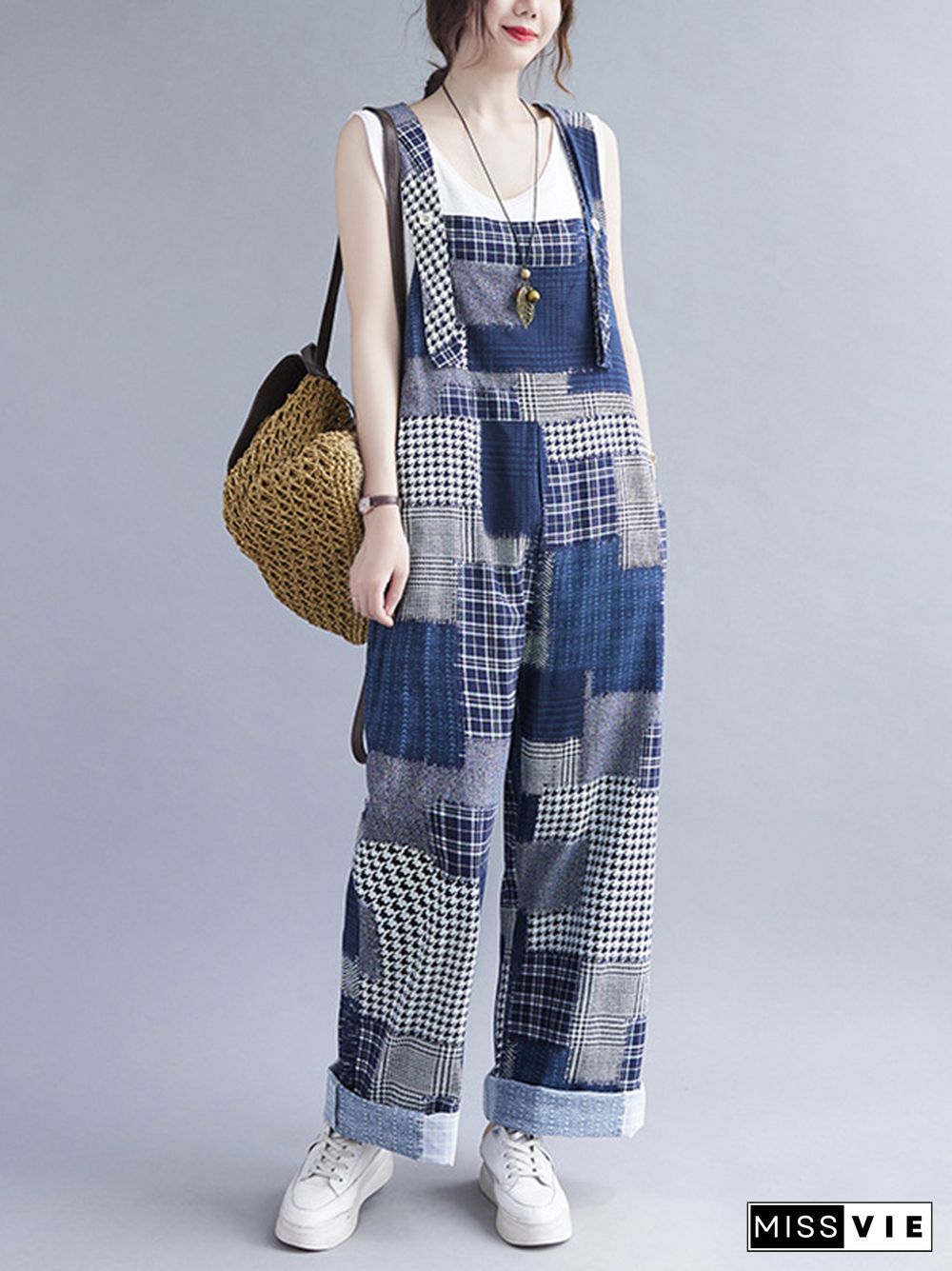 Artistic Retro Plaid Square-Neck Sleeveless Overalls