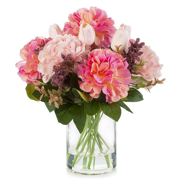 Enova Home Mixed Real Touch Tulip and Dahlia Artificial Flowers Arrangement in Clear Cylinder Glass Vase for Home Decór