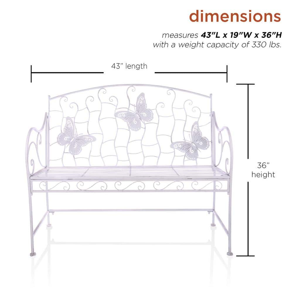 Alpine Corporation 43 in. L 2-Person White Metal Indoor/Outdoor Garden Bench with Butterfly Backrest BAZ422