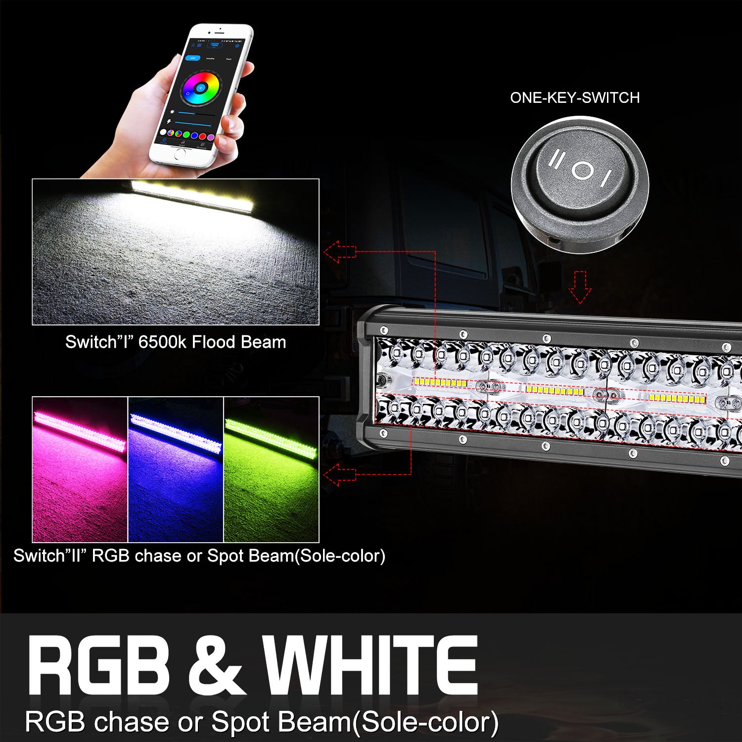 RGB LED LIGHT BAR OFFROADTOWN APP Wireless Bluetooth Spot RGB Multi-Color Music Strobe Halo W/ Flood 3000k Off-Road Driving Reverse Pods Tractor 4WD 12V， W/ PLUG PLAY WIIRNG HARNESS KIT