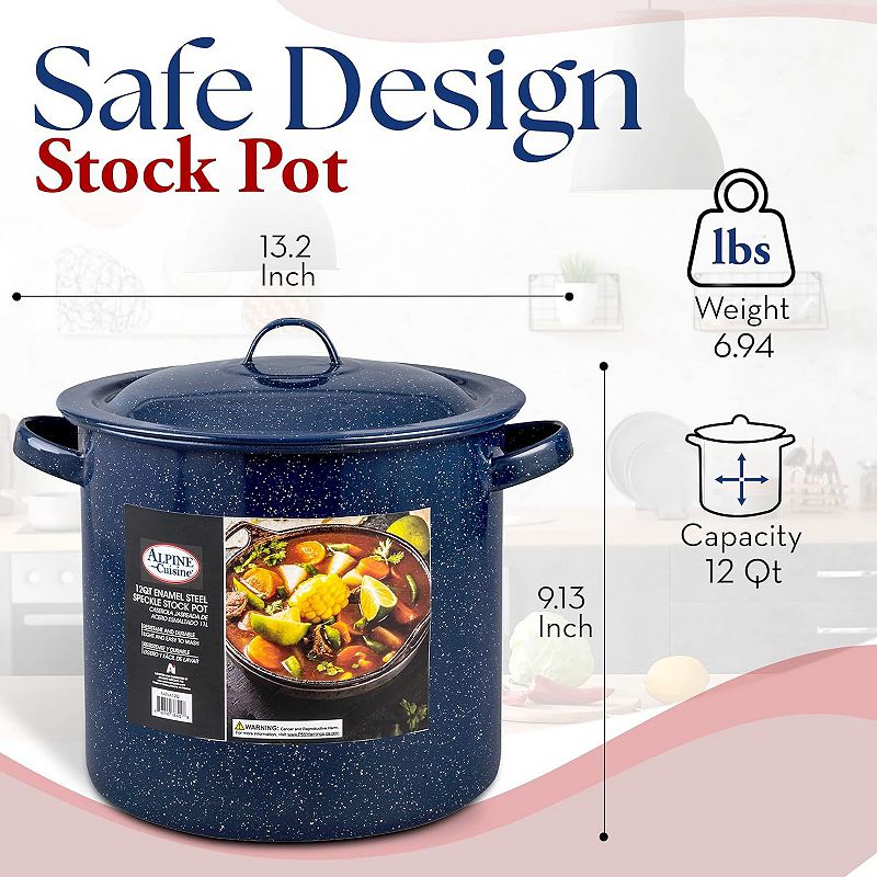 Alpine Cuisine Enamel Steel Dark Blue Speckle Stock Pot 12qt With Lid， Healthy Cookware  Stockpots