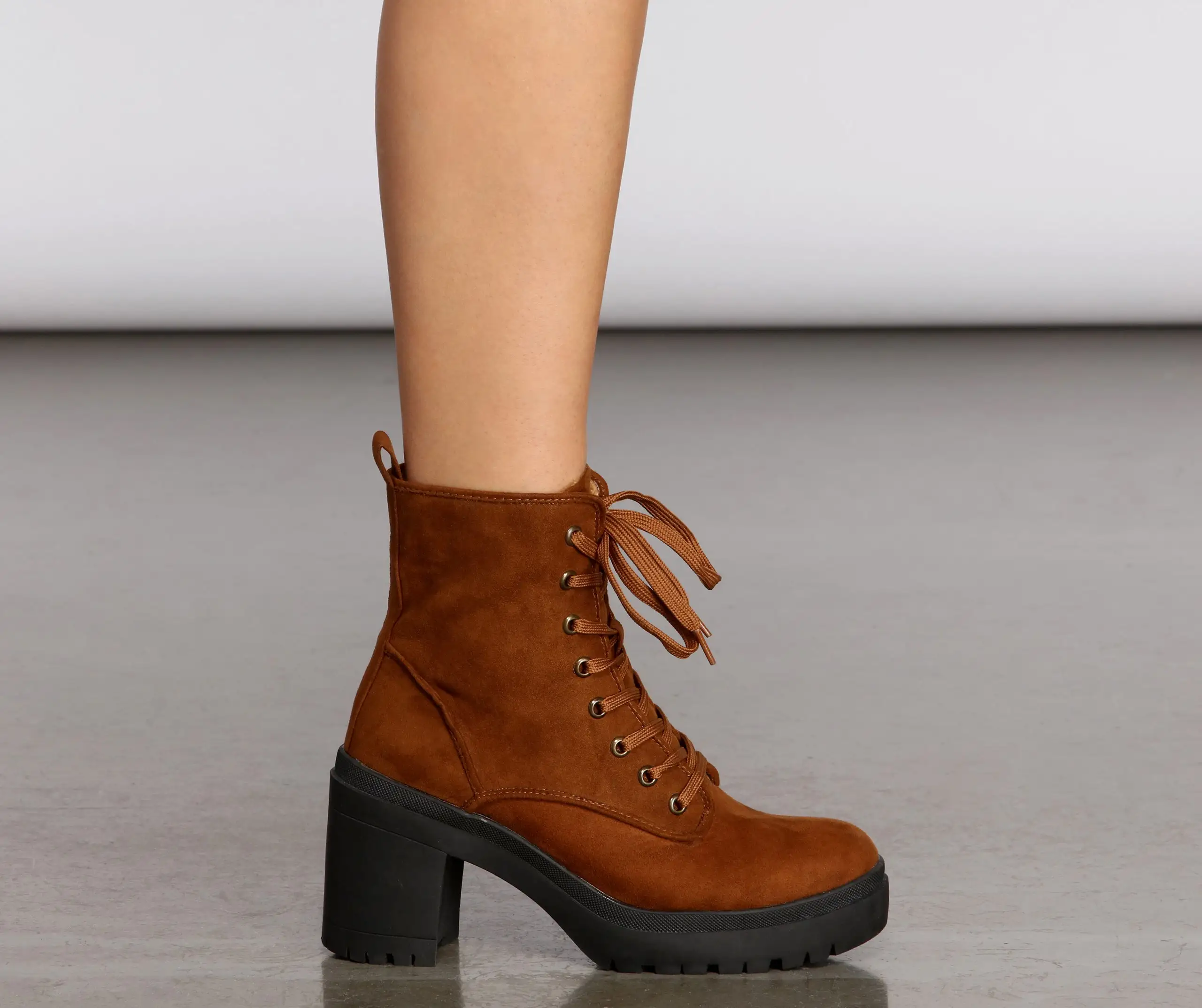 Keep It Glossy Lace Up Lug Heel Booties