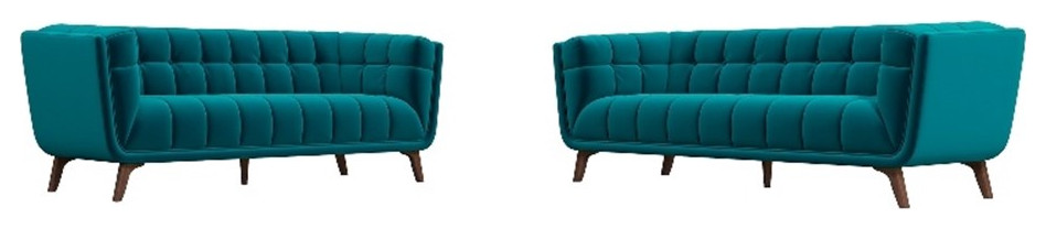 Keyman Mid Century Pillow Back Velvet Sofa Set in Turquoise   Midcentury   Living Room Furniture Sets   by Homesquare  Houzz